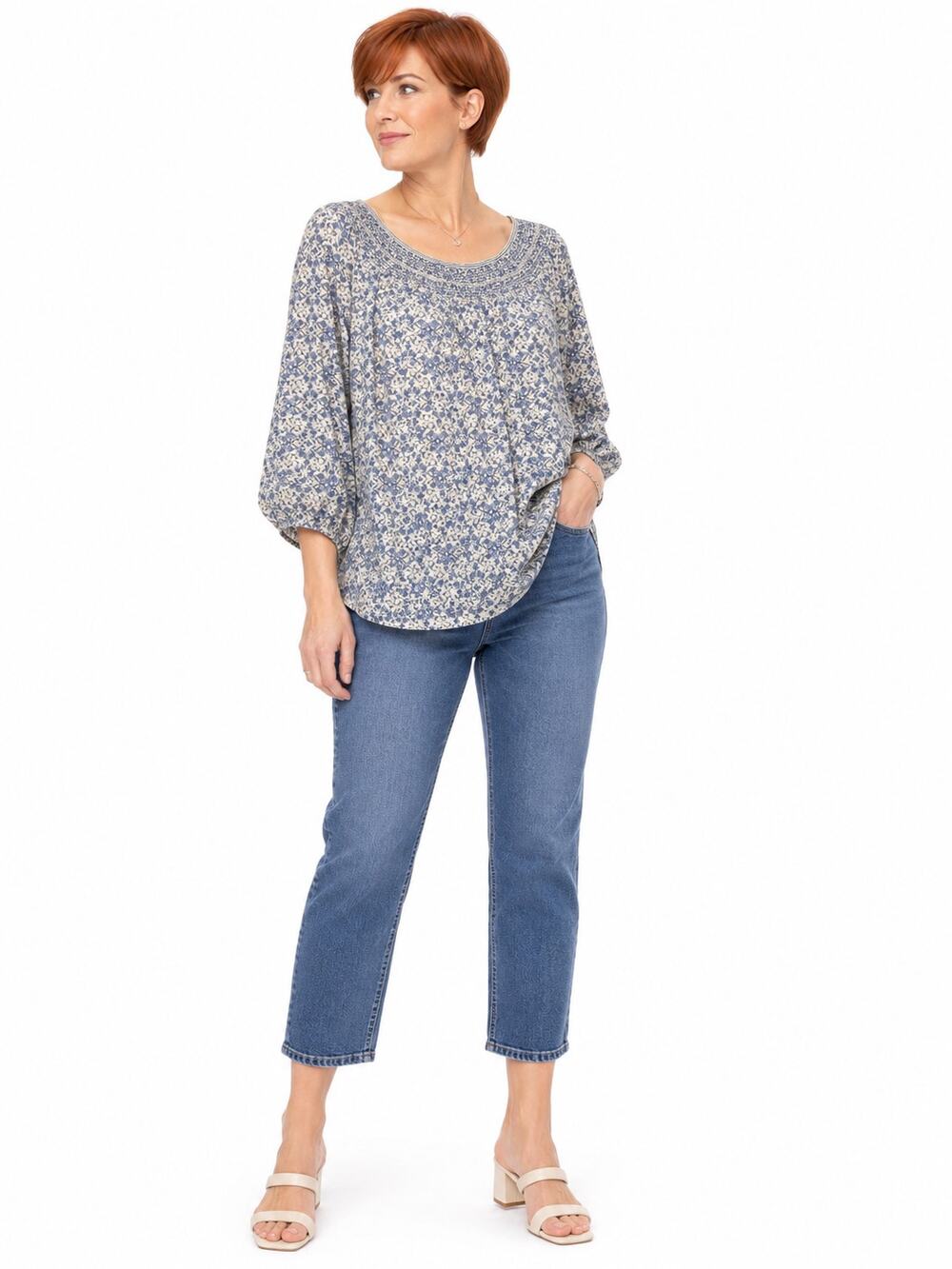 LR3810 Max Studio Floral Peasant Blouse Womens XL Blue White Smocked Boho